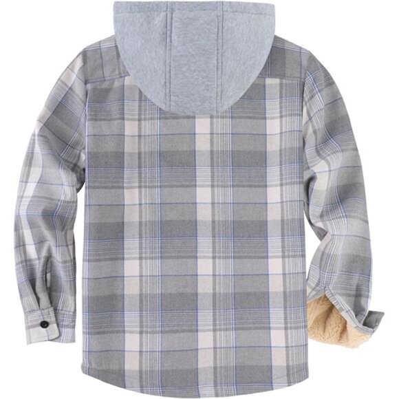 Flannel Plaid Jacket Long Sleeve Fleece Sherpa Lined Winter Jacket Warm Grey - Picture 2 of 7